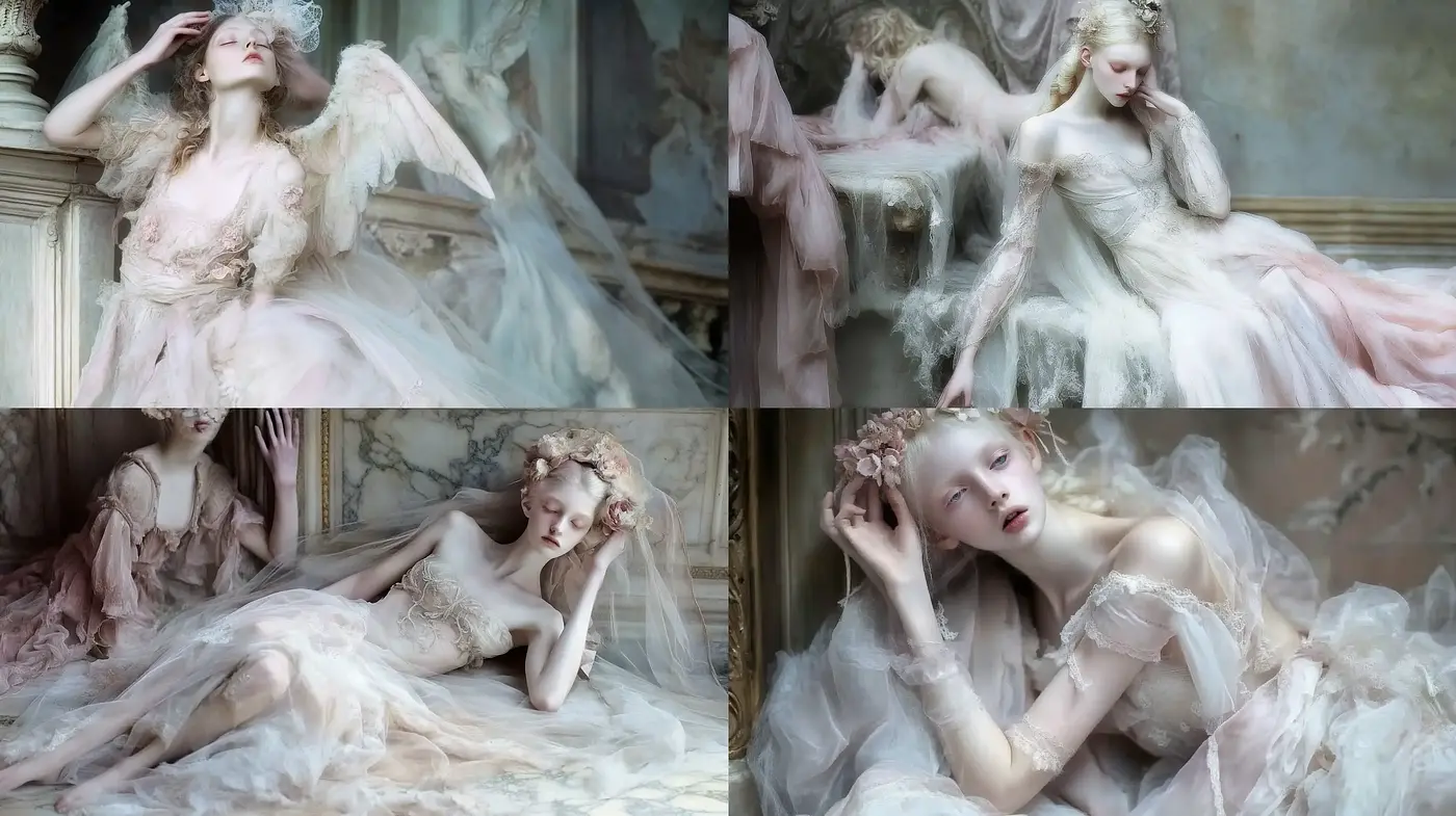 Ethereal Elegance in Pastel: A Dreamy Fusion of Rococo Inspired Fantasy - Midjourney sref style