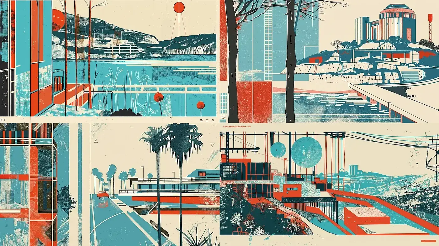 Exploring a Vivid Mid-Century Modern Aesthetic with a Retro Futuristic Vibe - Midjourney sref style