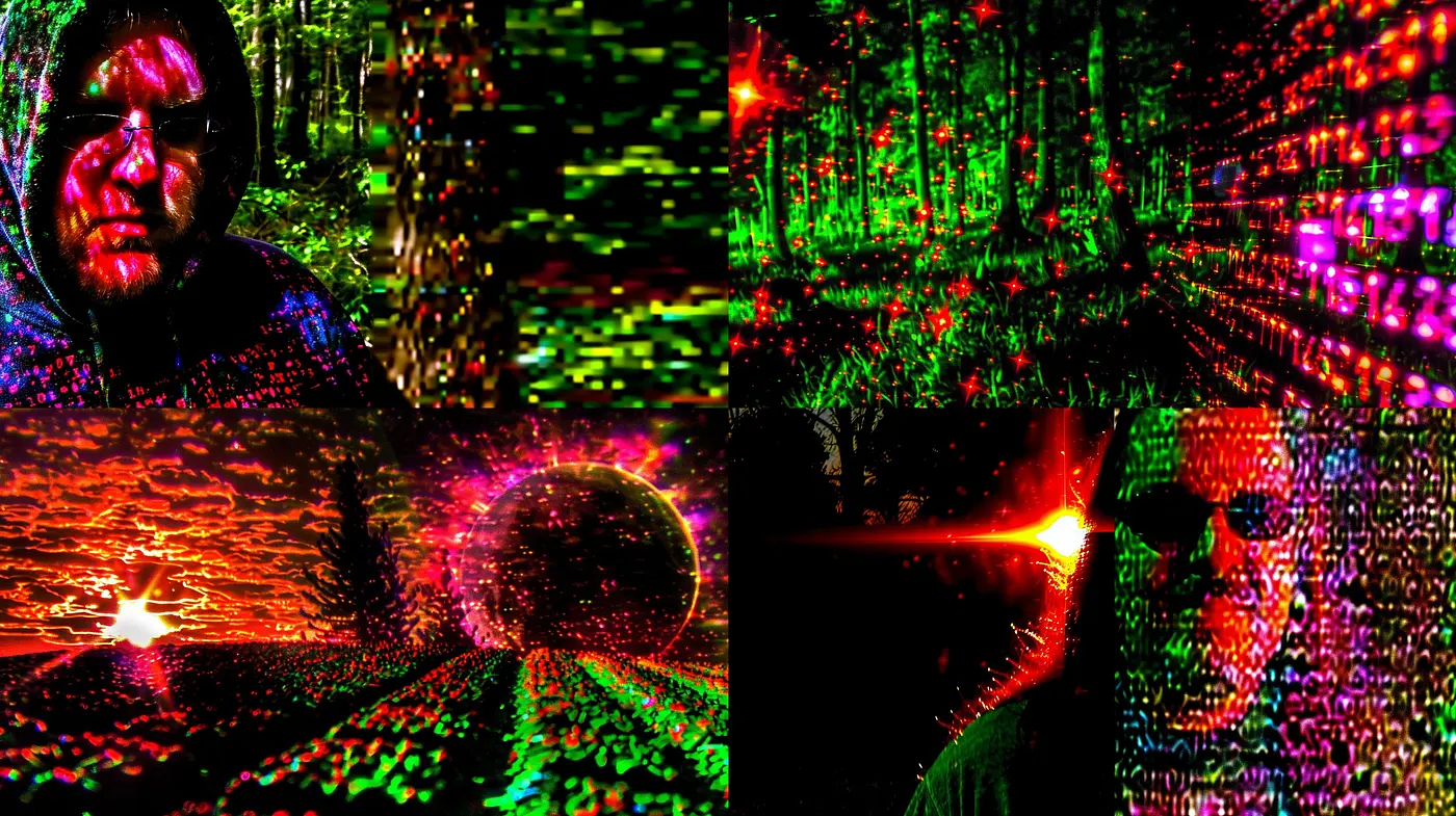 Psychedelic Digital Matrix: A Fusion of Vibrant Cyberpunk and Glitch Art Aesthetics - Midjourney sref style
