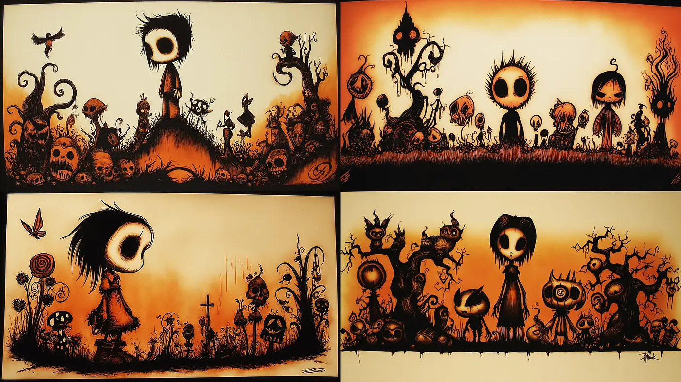 Eerie yet whimsical art showcasing macabre themes with fluid forms - Midjourney sref style