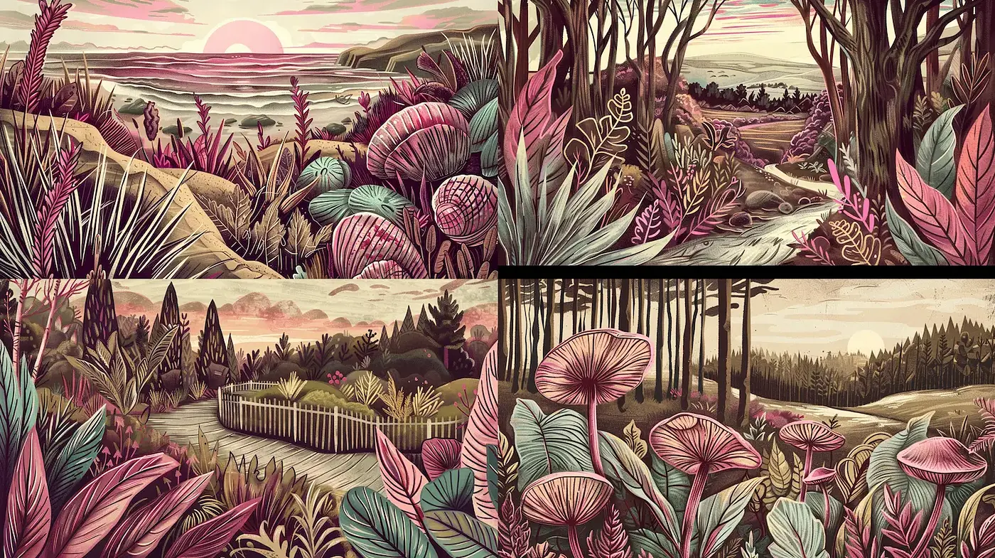 Surreal and Whimsical Landscapes with a Nature-Inspired Aesthetic - Midjourney sref style