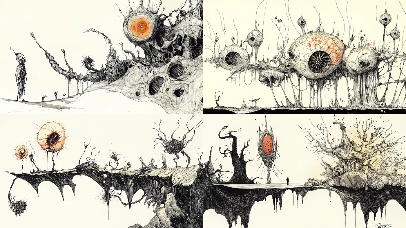 Surrealistic Biomechanical Landscape Art - Midjourney sref style