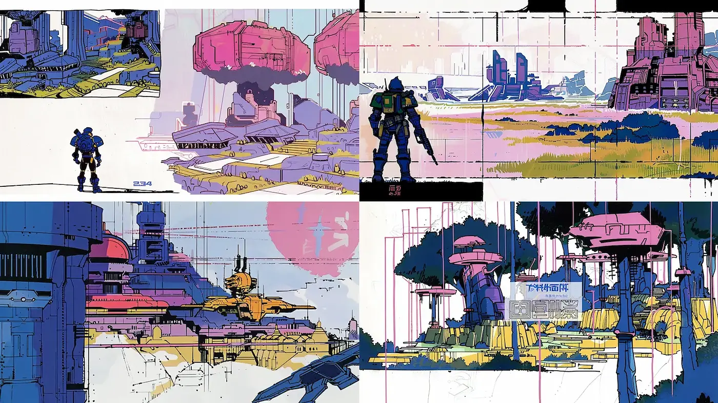 Futuristic landscapes with a vibrant color palette and intricate line work - Midjourney sref style