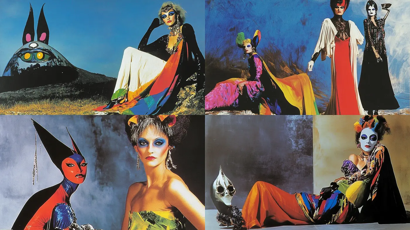 Surreal and bold fashion visuals with a vivid color narrative - Midjourney sref style