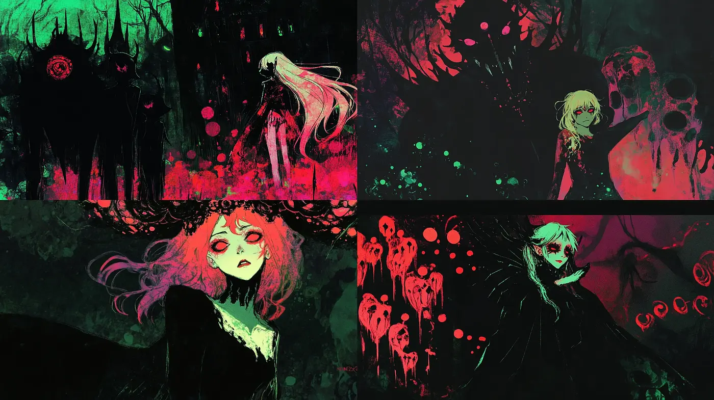 Eerie Crimson Nocturne: A Darkly Whimsical Artistic Fusion - Midjourney sref style