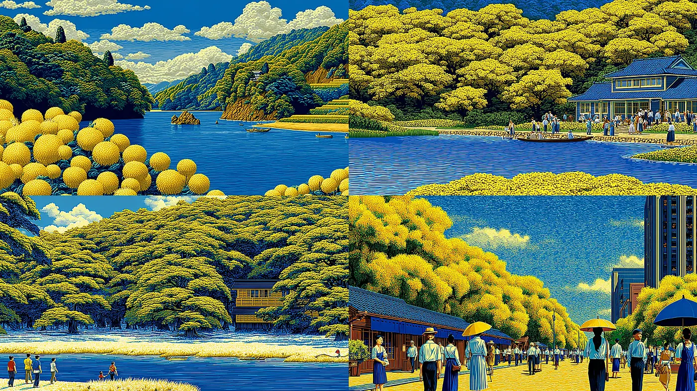 Serene Landscapes with Vibrant Blue and Yellow Hues - Midjourney sref style