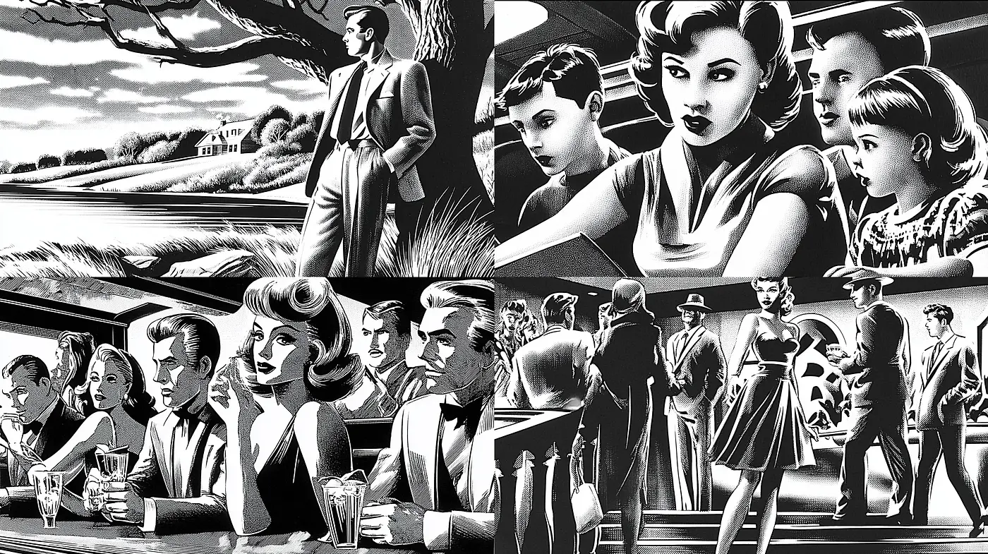 Elegant Noir Aesthetic with Timeless Charm and Dramatic Contrast - Midjourney sref style
