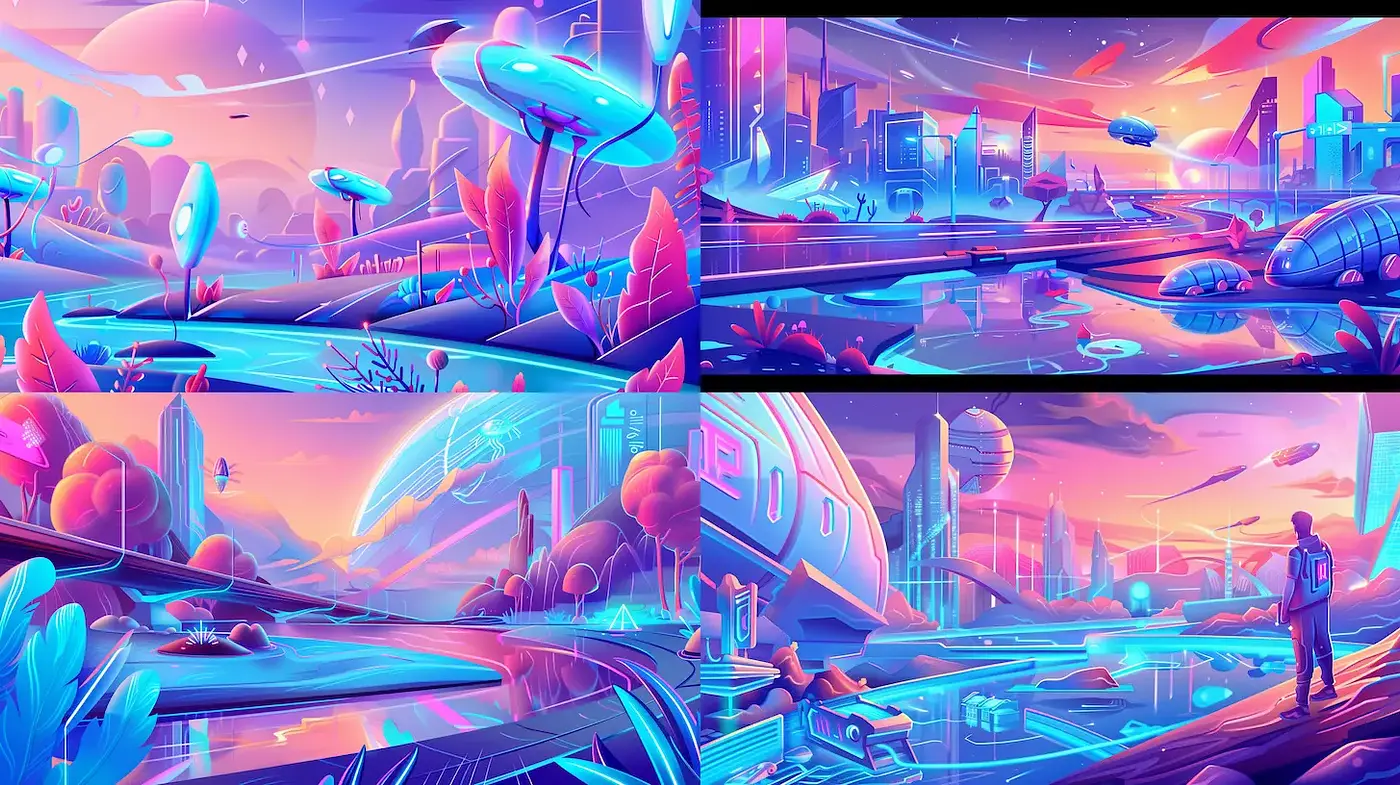Futuristic Scenes with Vivid Surrealism and Lush Environments - Midjourney sref style