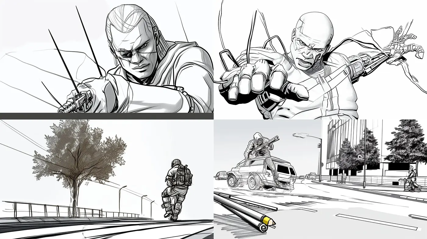 Monochromatic Dynamism in Stylized Digital Comic Art - Midjourney sref style