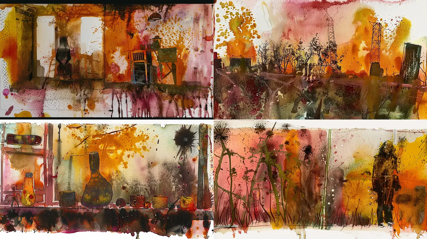 Sunset Hues in Abstract Watercolor Fusion - Midjourney sref style