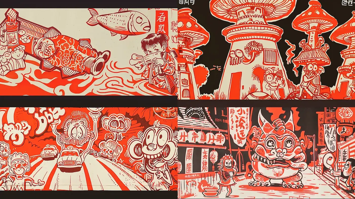 Vibrant and Whimsical Japanese Street Art Aesthetic with Playful Characters - Midjourney sref style