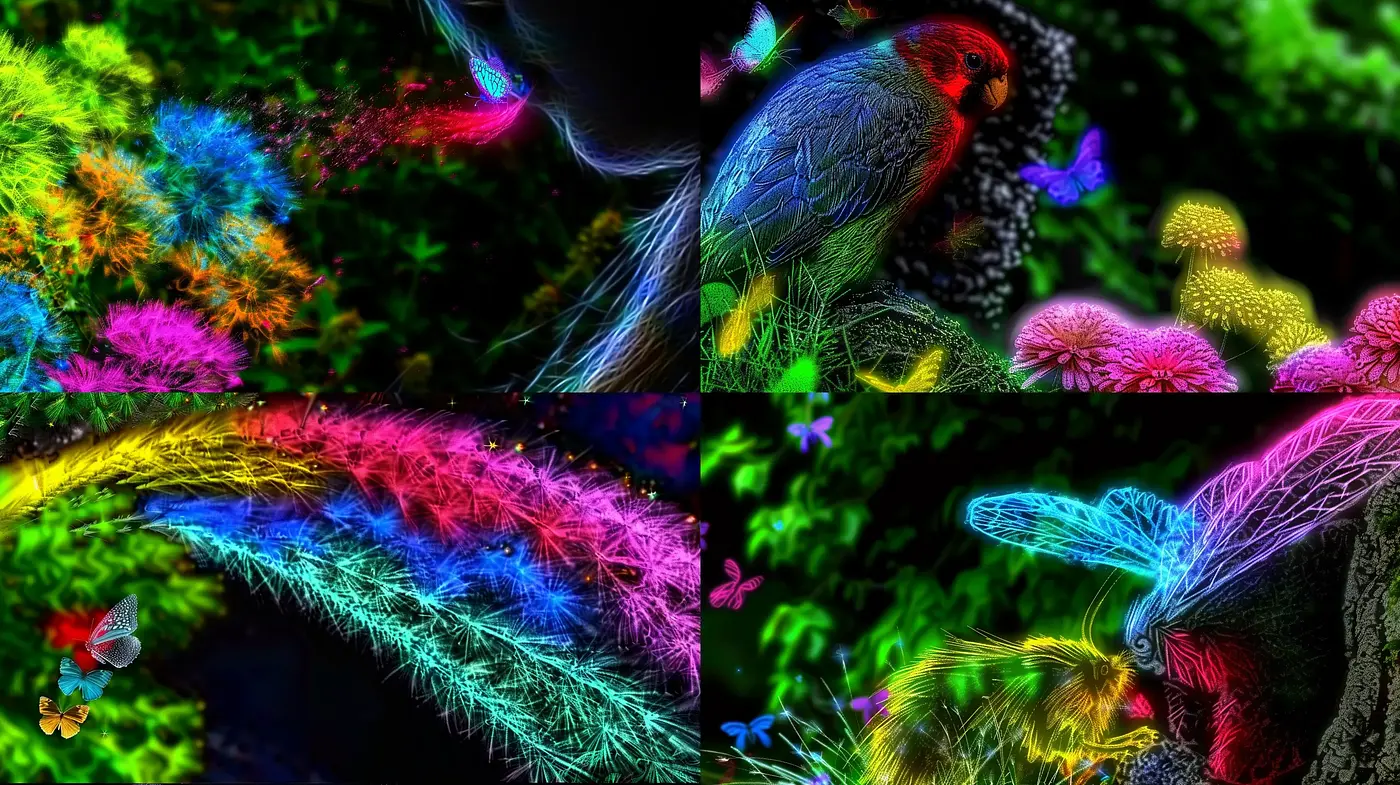 Vibrant Neon Fauna: A Luminous Journey Through Electric Botanicals - Midjourney sref style