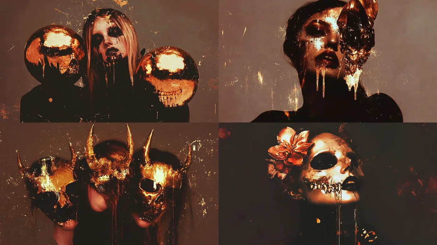 Dark Surreal Elegance with Gold Accents in a Macabre Tableau - Midjourney sref style
