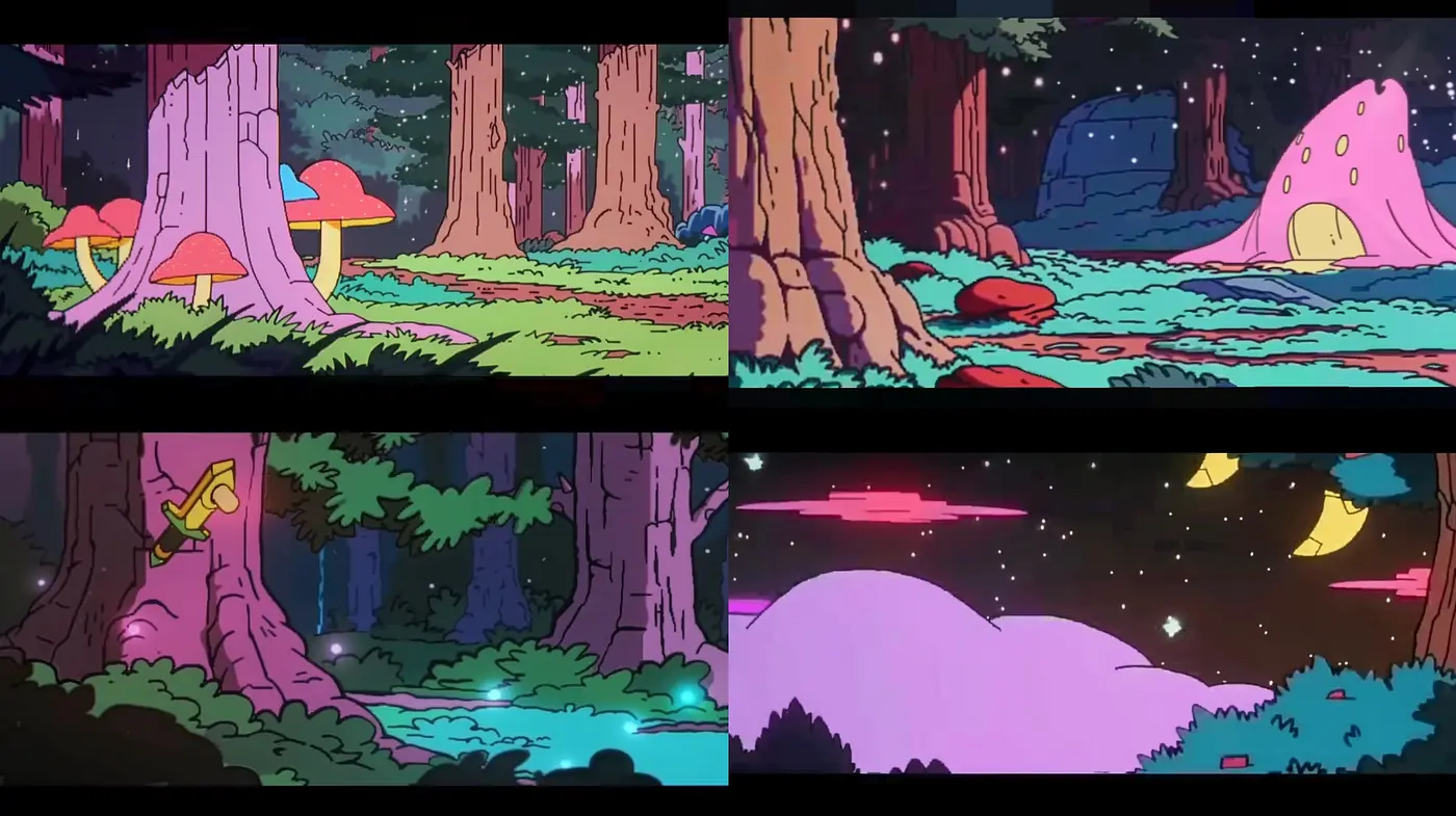 Enchanted Forest Midnight Dreamscape: A Study in Vivid Hues and Retro Anime Aesthetics - Midjourney sref style