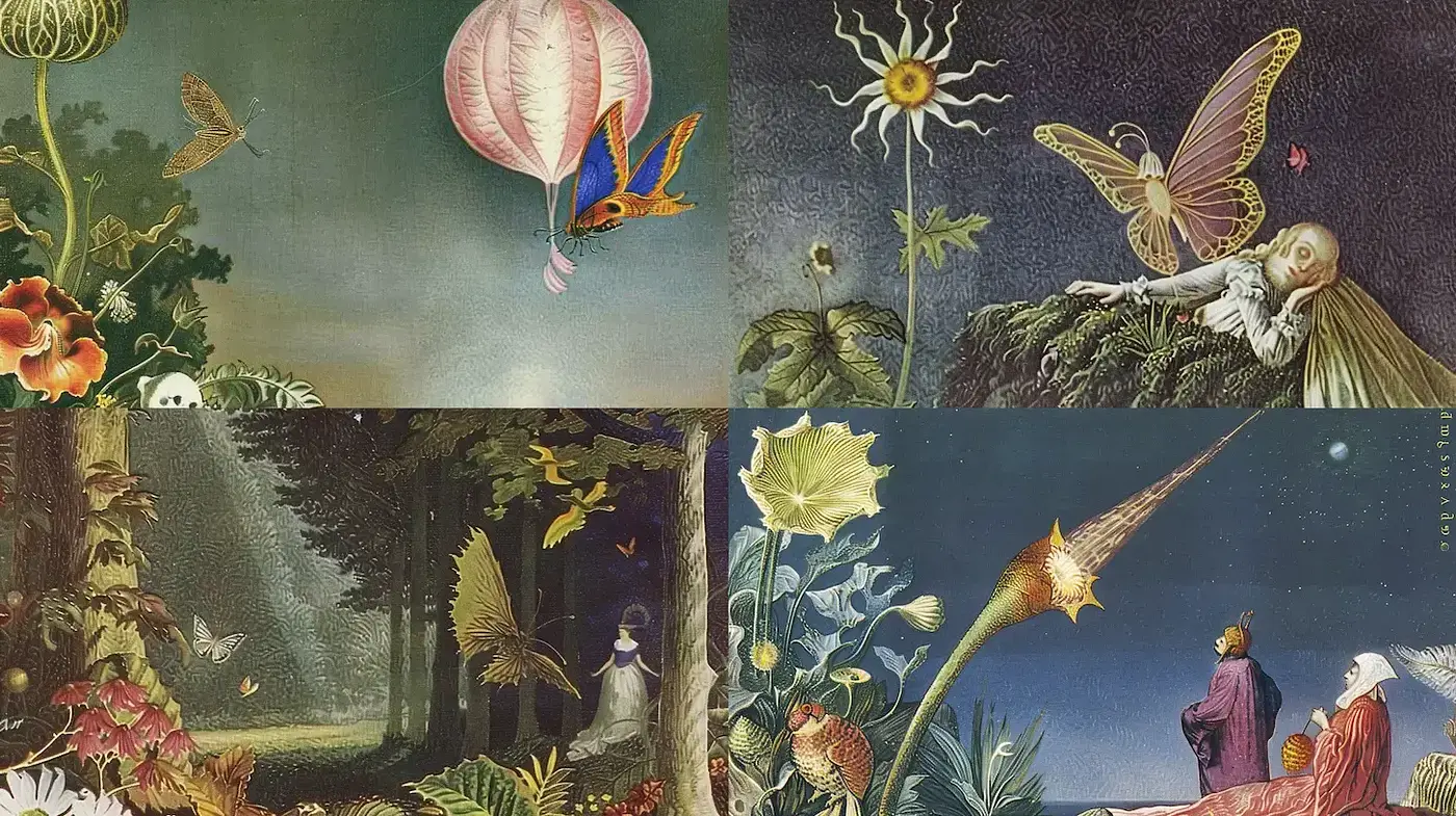 Whimsical Surrealism with Nature's Essence and Dreamlike Imagery - Midjourney sref style