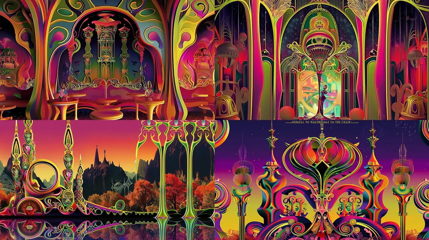 Psychedelic Art Nouveau Fusion with Luminous Hues - Midjourney sref style