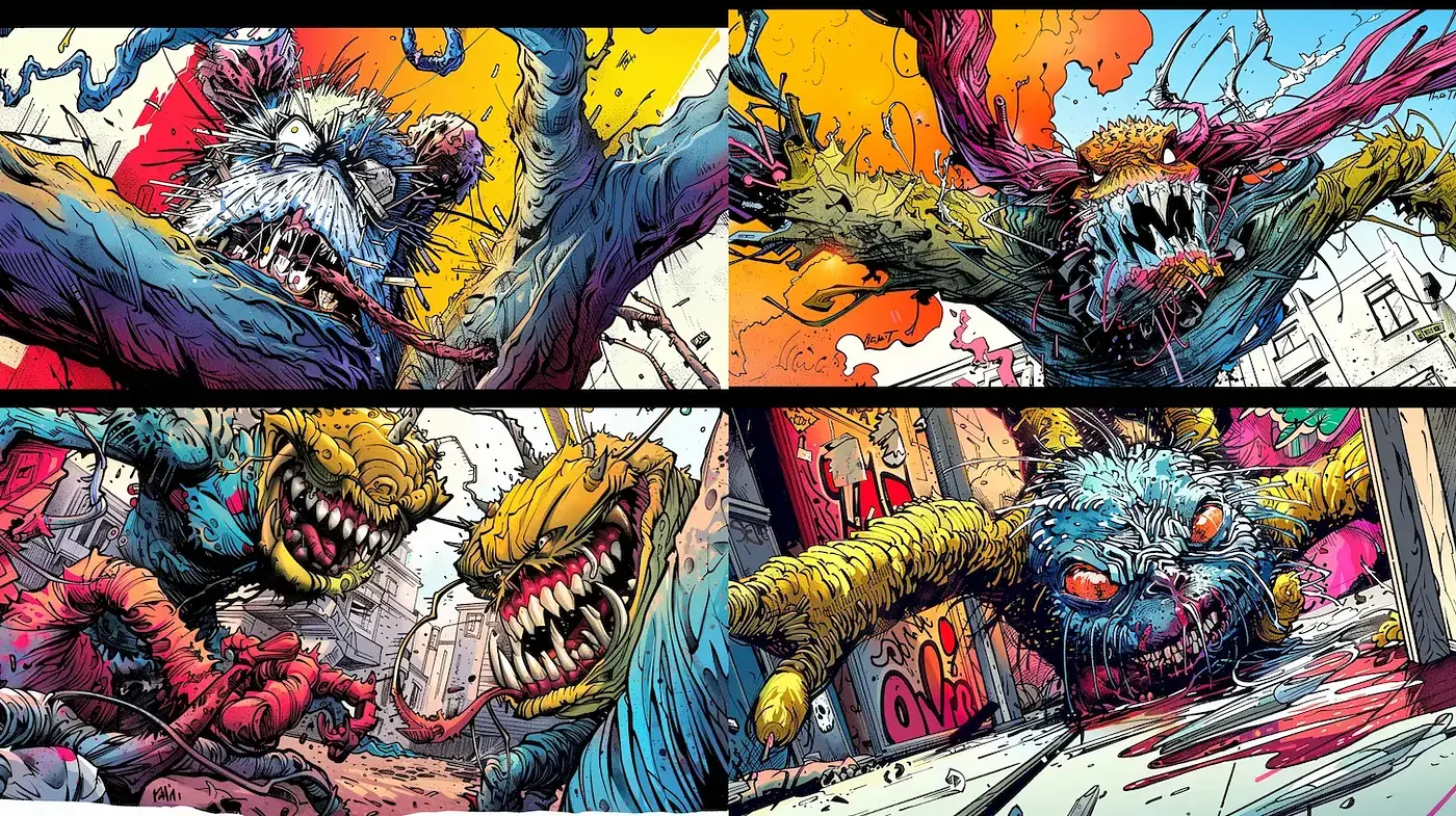 Dynamic and vivid cartoonish horror with a comic twist - Midjourney sref style