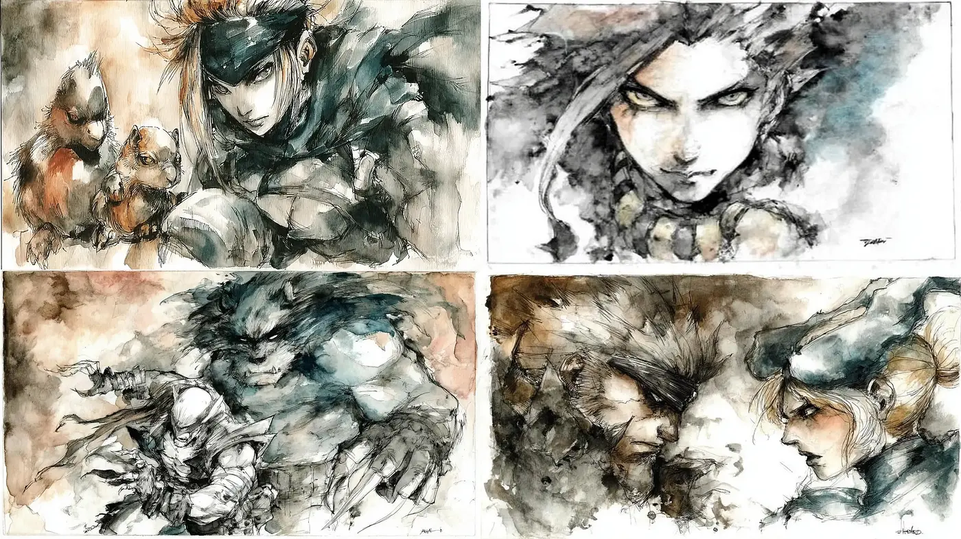 Dynamic Watercolor Illustrations with a Dark Fantasy Vibe - Midjourney sref style