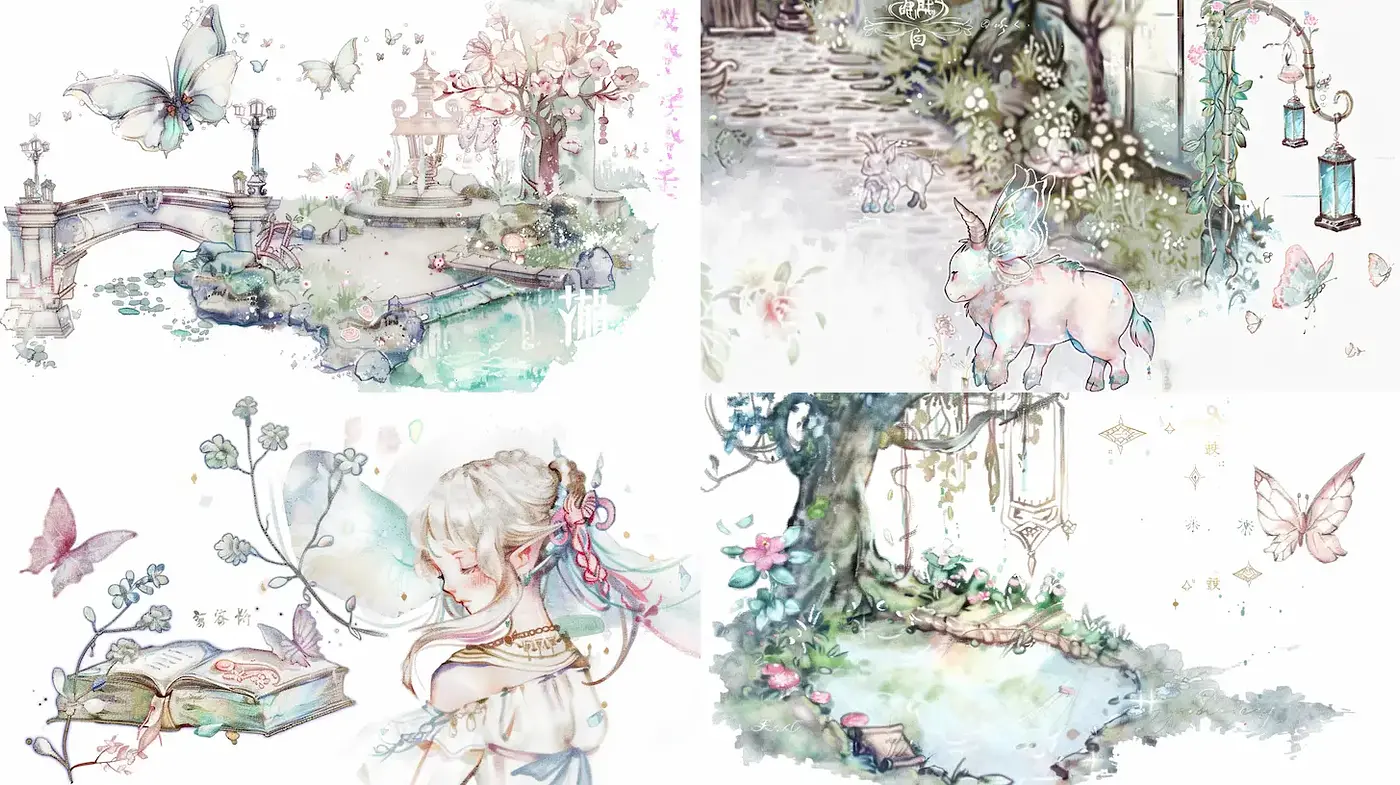 Whimsical watercolor fantasy landscapes with a delicate aesthetic - Midjourney sref style
