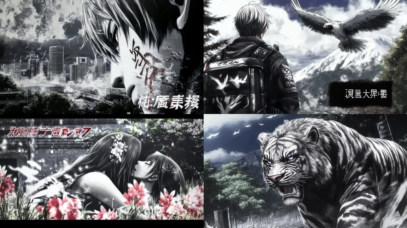 Monochromatic Anime-Inspired Dynamic Illustration Style - Midjourney sref style