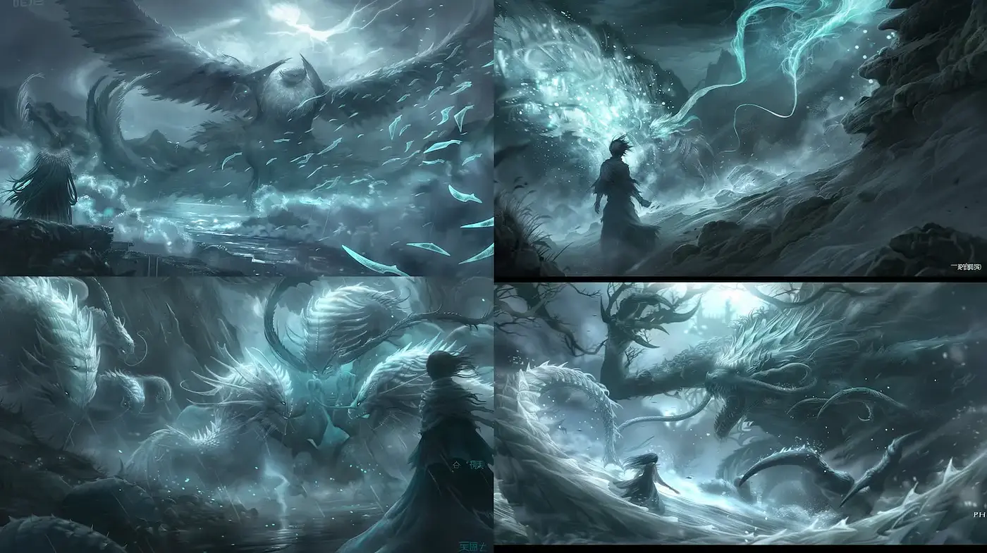 Ethereal Fantasy Landscape with Majestic Creatures and Dynamic Atmosphere - Midjourney sref style