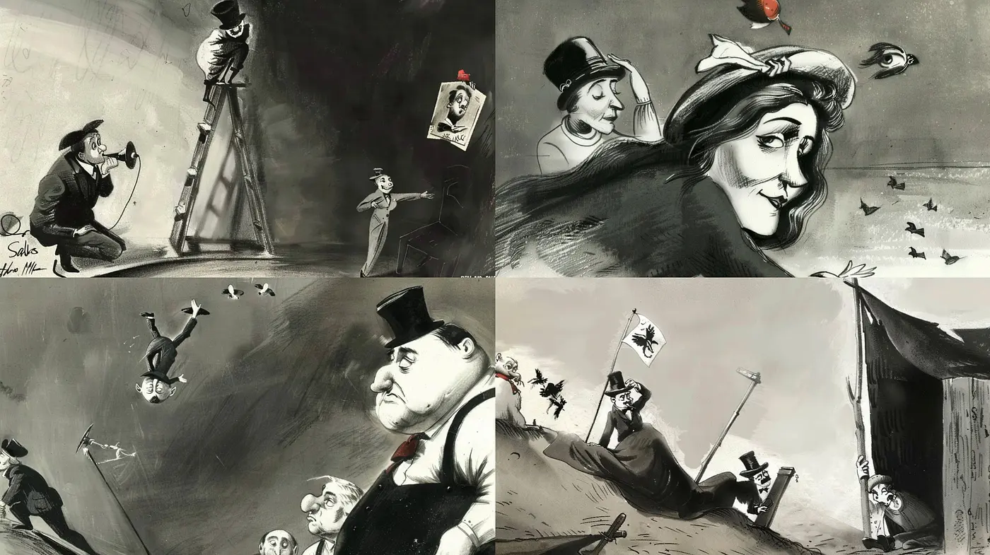 Monochromatic Whimsy: A Dance of Shadows and Light in Caricatured Vignettes - Midjourney sref style