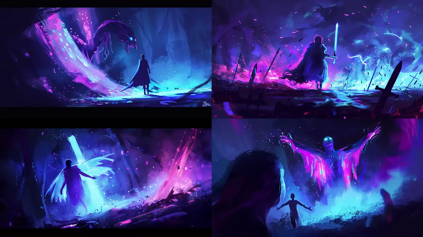 Ethereal Twilight Dreamscape: A Symphony of Vivid Purples and Dynamic Brushstrokes - Midjourney sref style