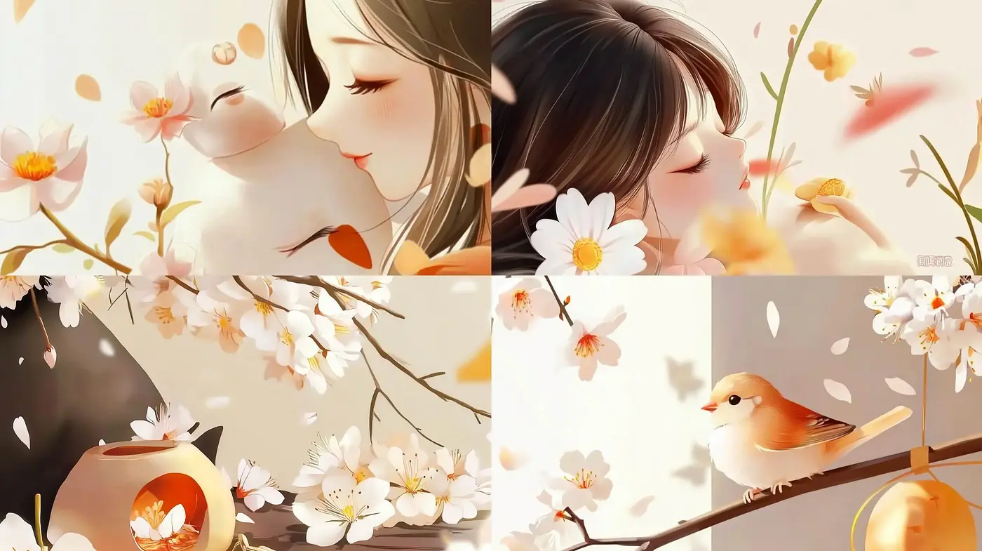 Whimsical Blossom Serenity: A Tranquil Fusion of Anime-inspired Softness and Pastel Dreams - Midjourney sref style