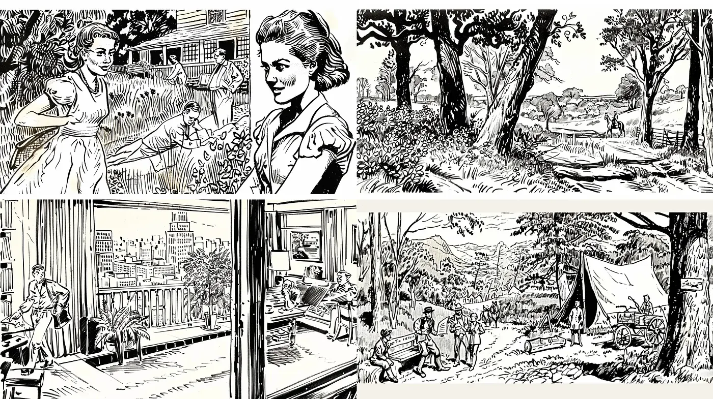 Monochrome Pen-and-Ink Illustrative Nostalgia - Midjourney sref style
