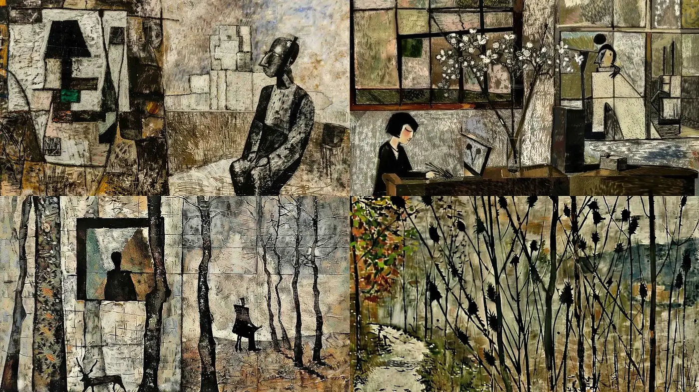 Moody Collage of Textured Grayscale and Sepia Tones - Midjourney sref style