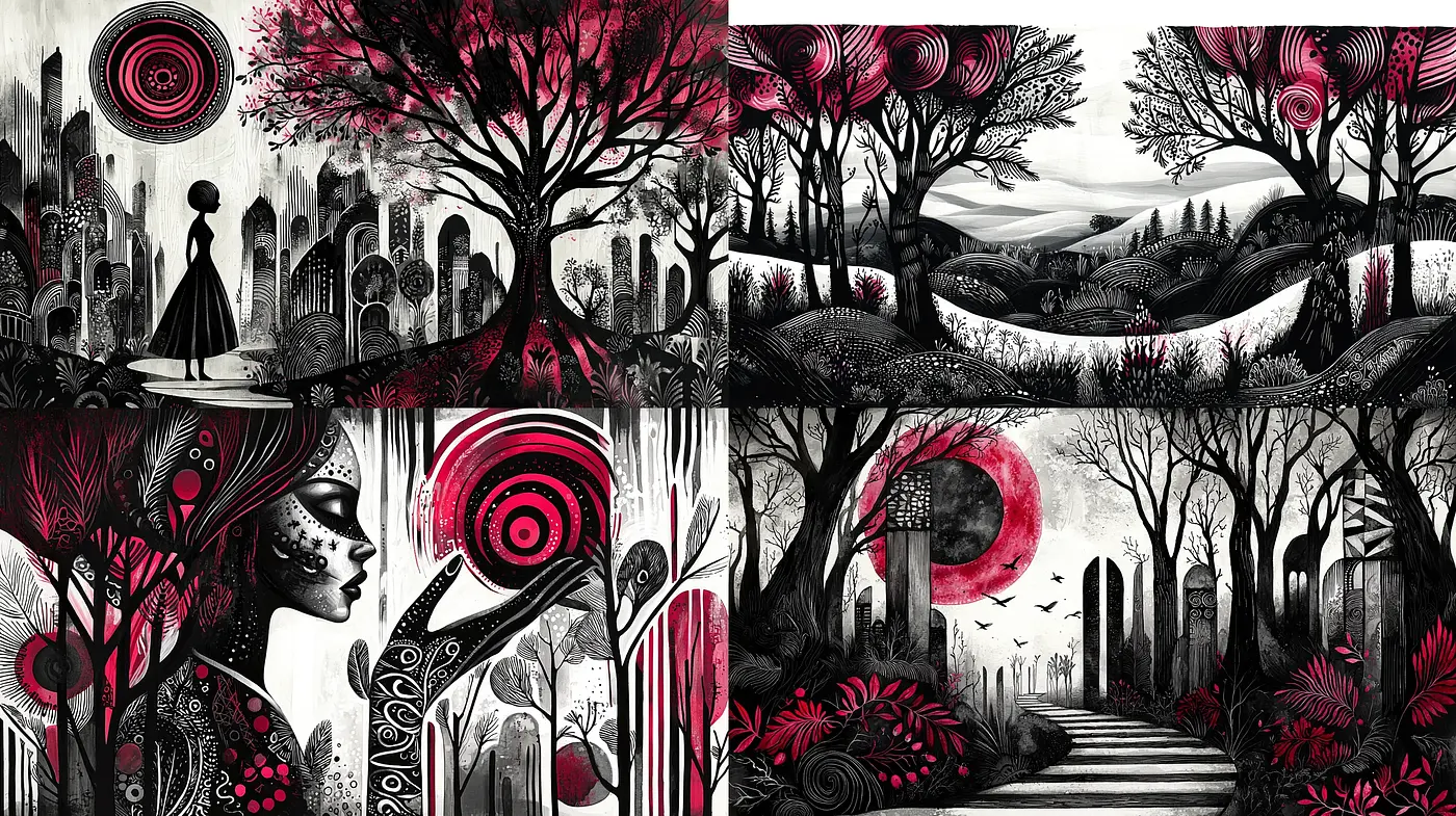 Enigmatic Monochrome Dreams with Vivid Crimson Accents - Midjourney sref style