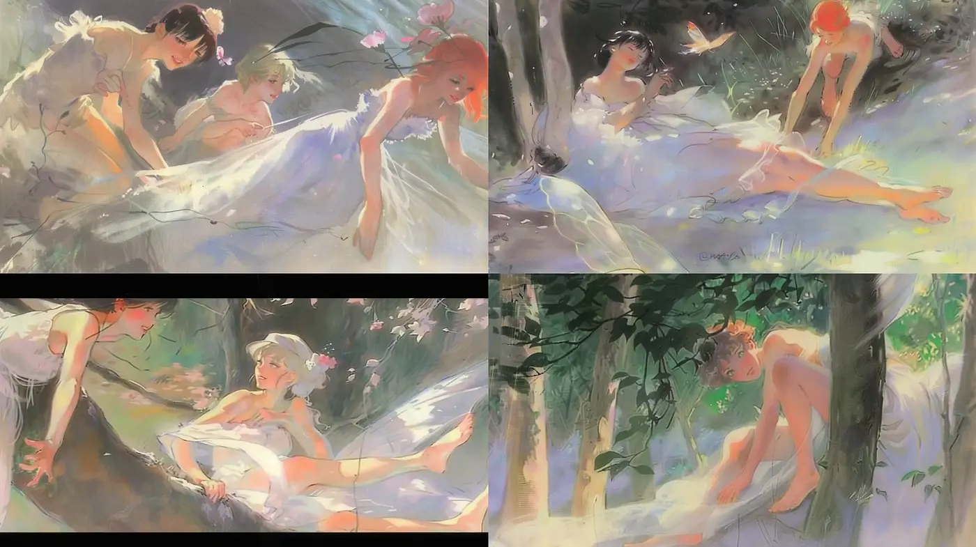 Enchanted Brushwork: A Dreamlike Fusion of Nature and Ethereal Figures - Midjourney sref style