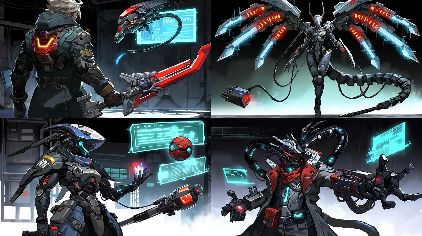 Futuristic Techno-Espionage Aesthetics with Dynamic Postures and Consistent Chromatic Blue-Red Harmony - Midjourney sref style