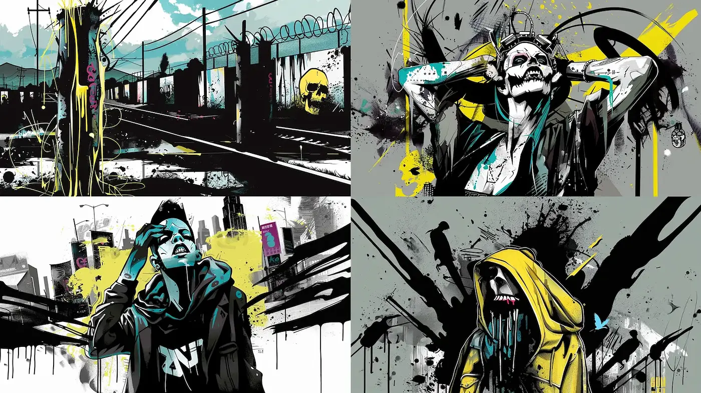 Dynamic and Vivid Urban Expressionism with Grunge Influence - Midjourney sref style