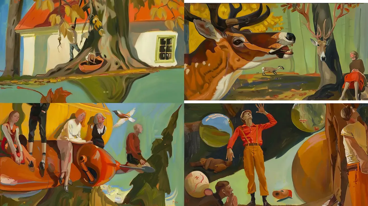 Whimsical and Lush Vignettes of Nature and Humanity in Vibrant Hues - Midjourney sref style