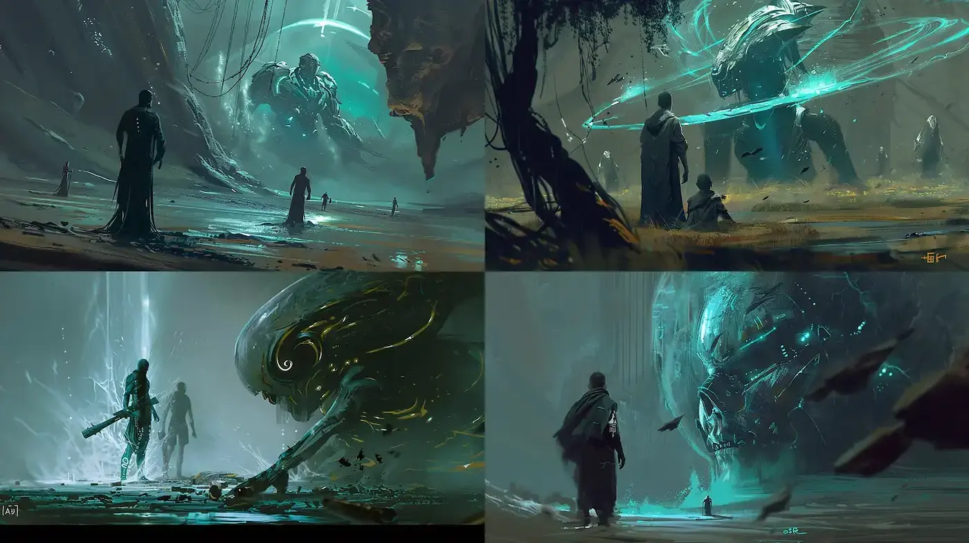 Mysterious and ethereal landscapes with a fusion of organic and technological elements - Midjourney sref style