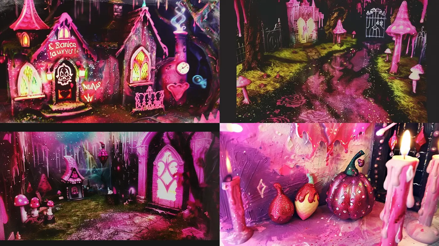 Whimsical Twilight Reverie: A Vibrant Fusion of Fantasy and Neon - Midjourney sref style