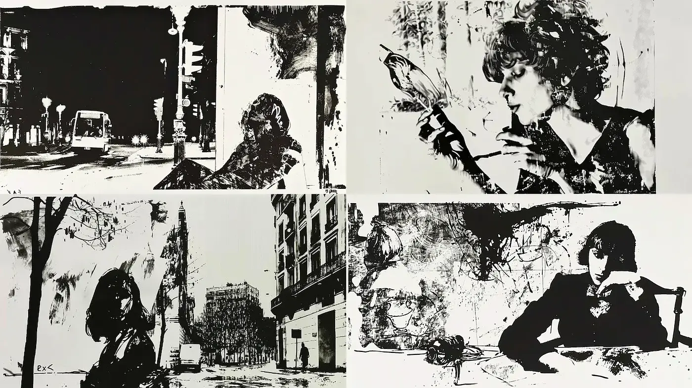 Dynamic Monochromatic Expressionism with Urban Influences - Midjourney sref style