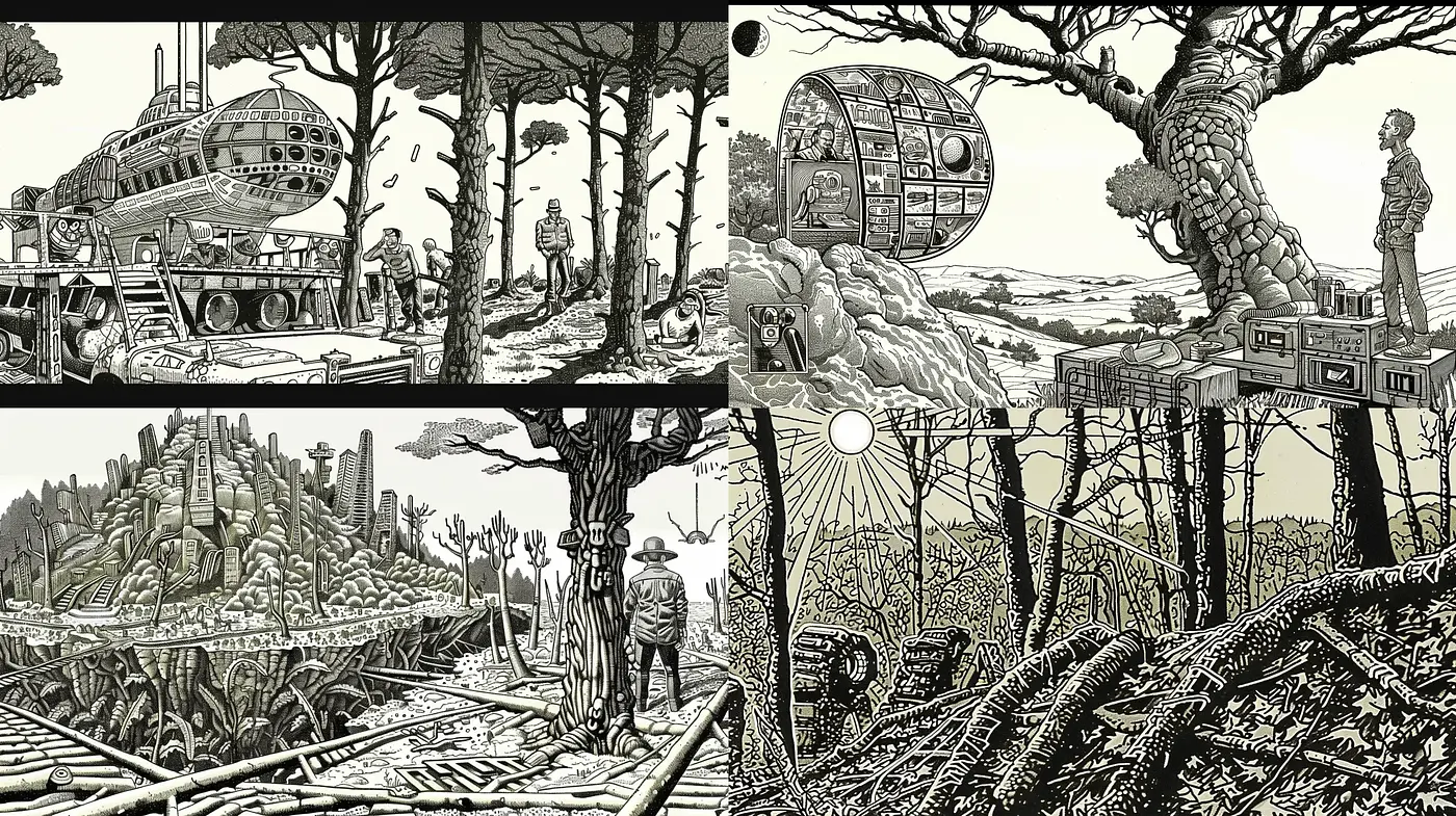 Monochromatic Retrofuturistic Dreamscape Illustrations - Midjourney sref style