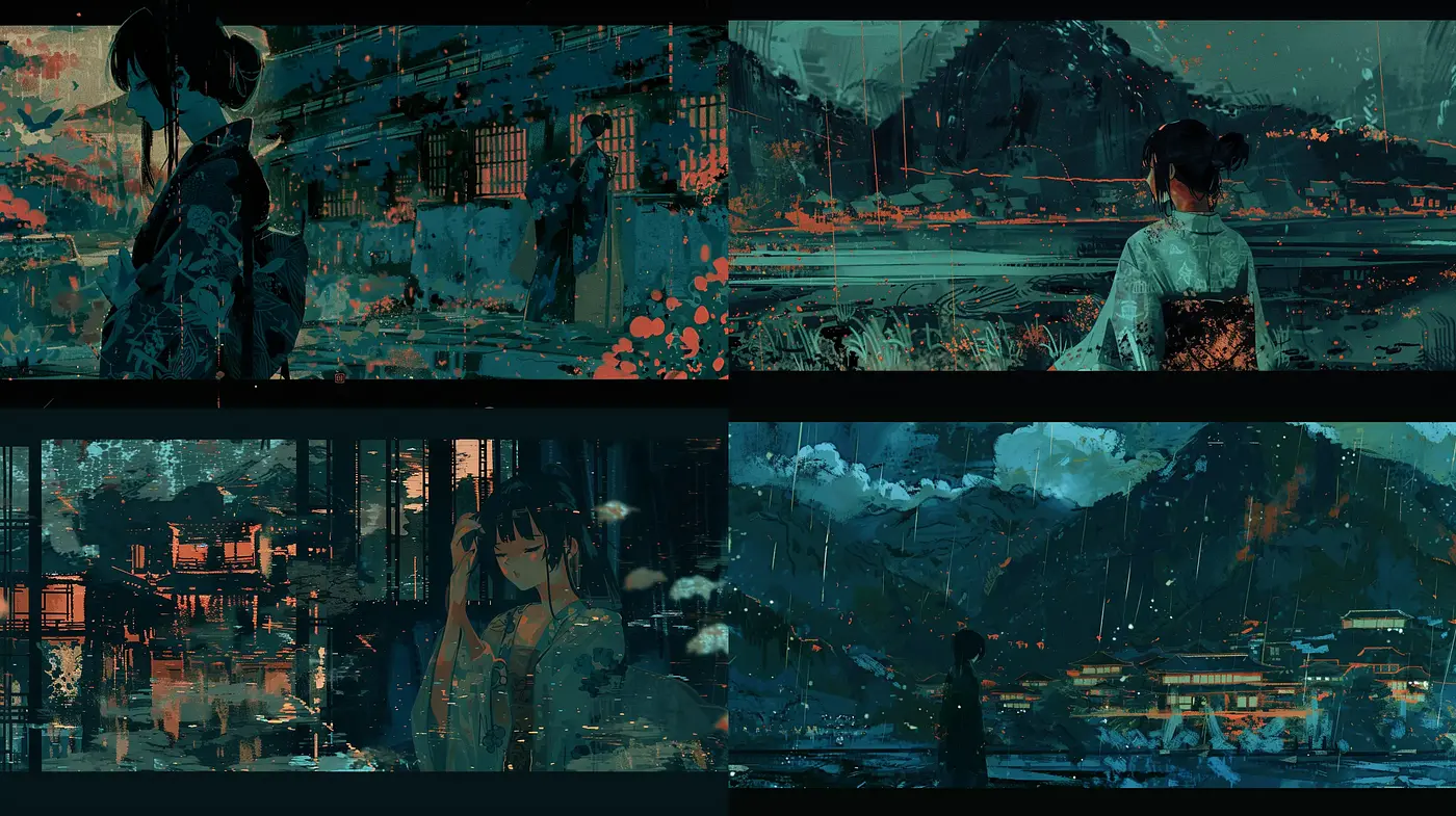 Neo-Traditional Cyberpunk Nightscapes - Midjourney sref style