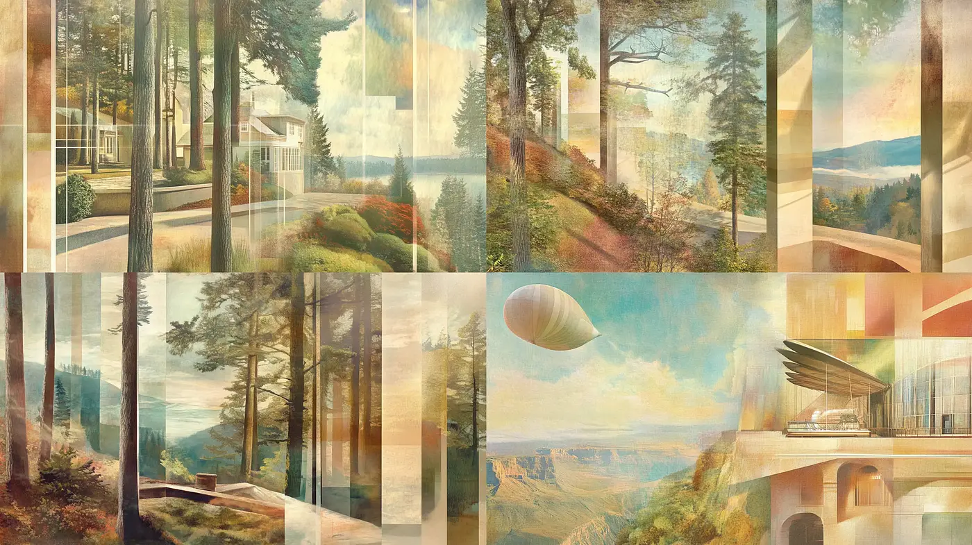 Ethereal Landscapes: A Fusion of Vintage Serenity and Modern Architectural Elegance - Midjourney sref style