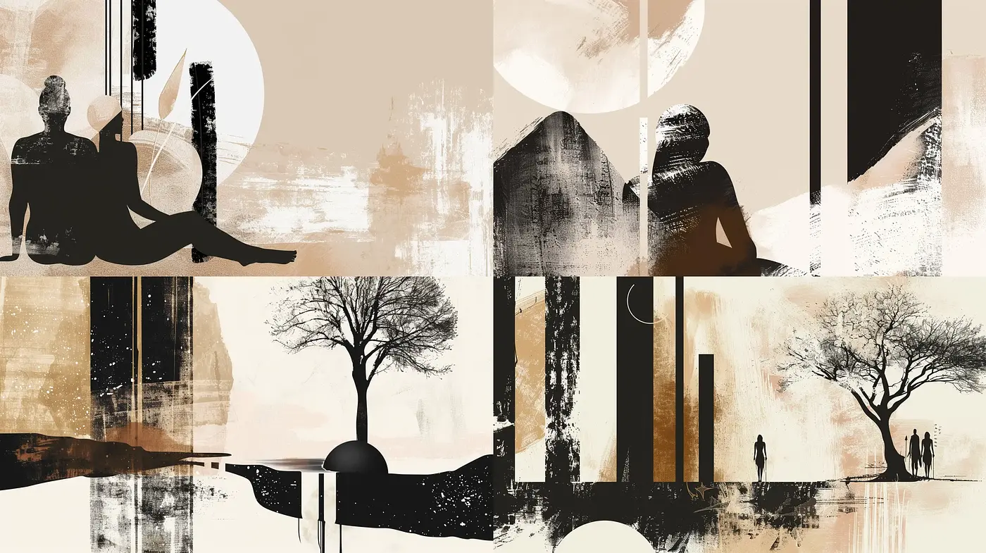 Abstract Sepia Silhouettes with Textured Overlays - Midjourney sref style
