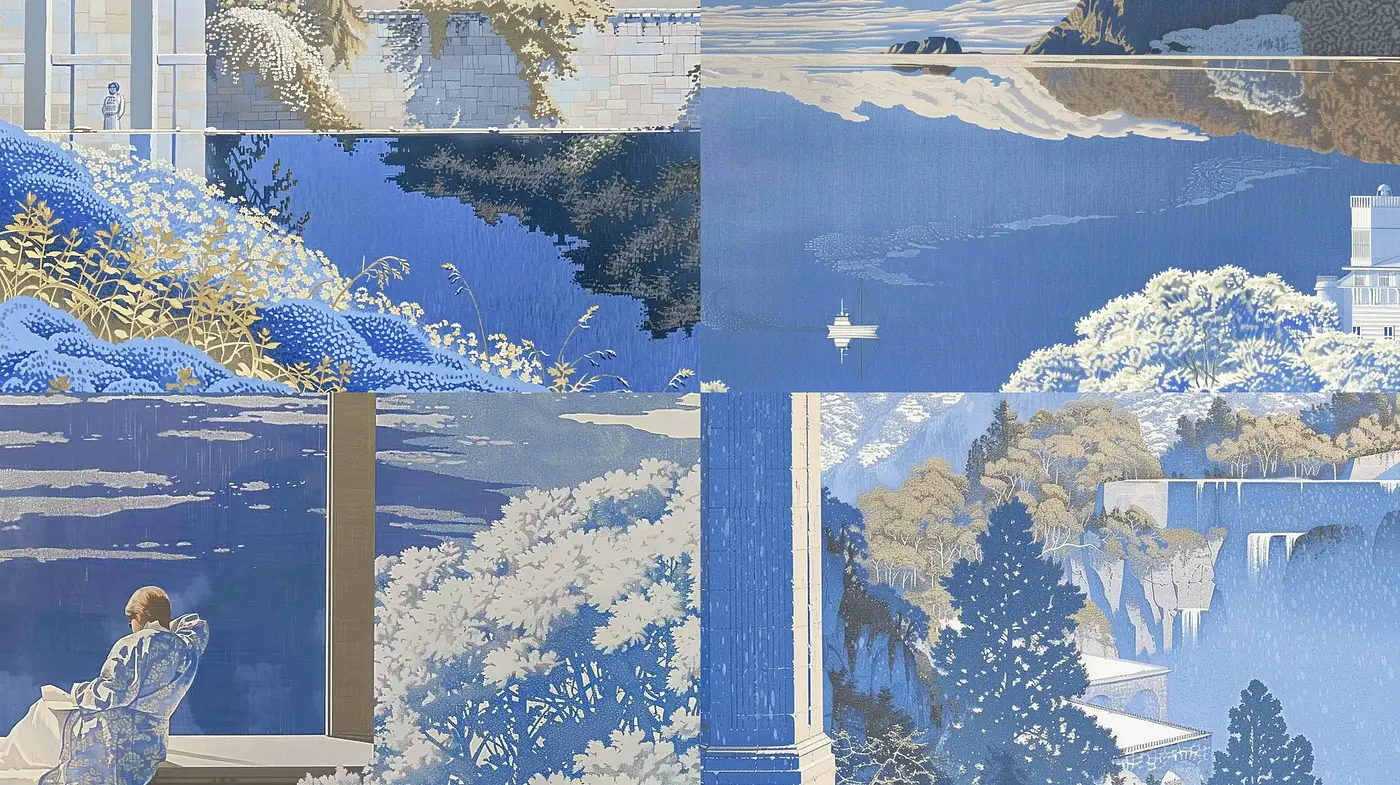 Ethereal Cyan Dreamscape in Ukiyo-e Tradition - Midjourney sref style