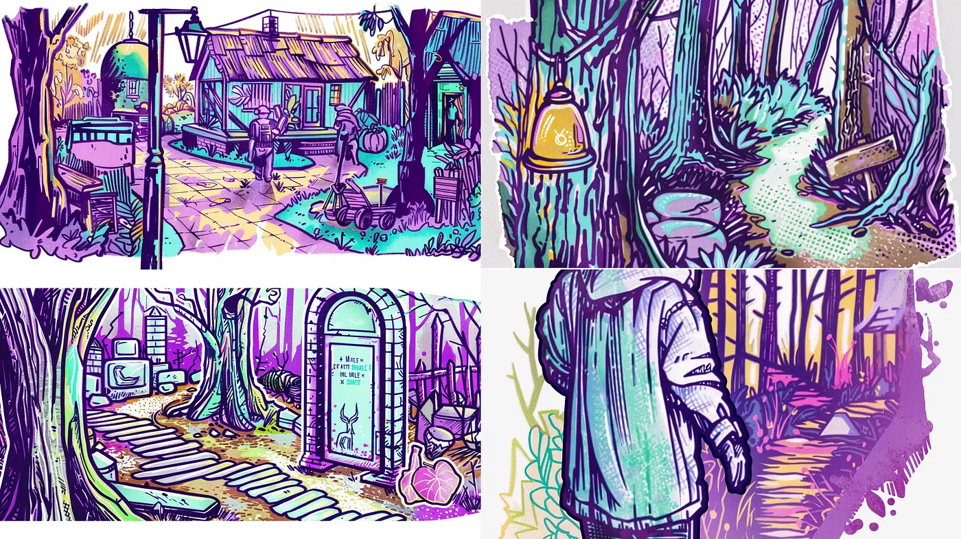 Whimsical Purple Hued Illustrative Dreamscape - Midjourney sref style
