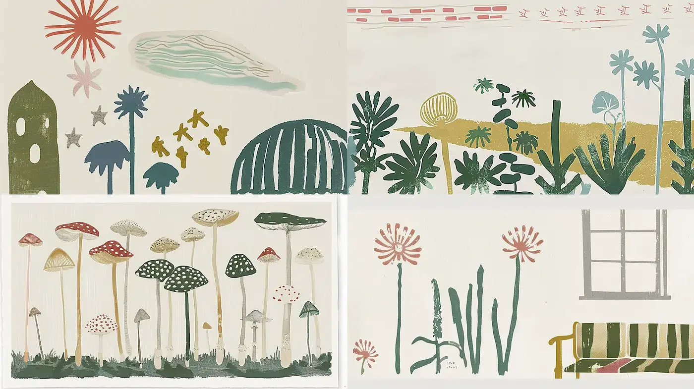 Whimsical and organic illustration style with a playful touch - Midjourney sref style