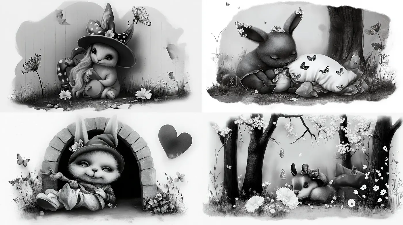 Monochromatic Whimsical Forest Vignettes - Midjourney sref style