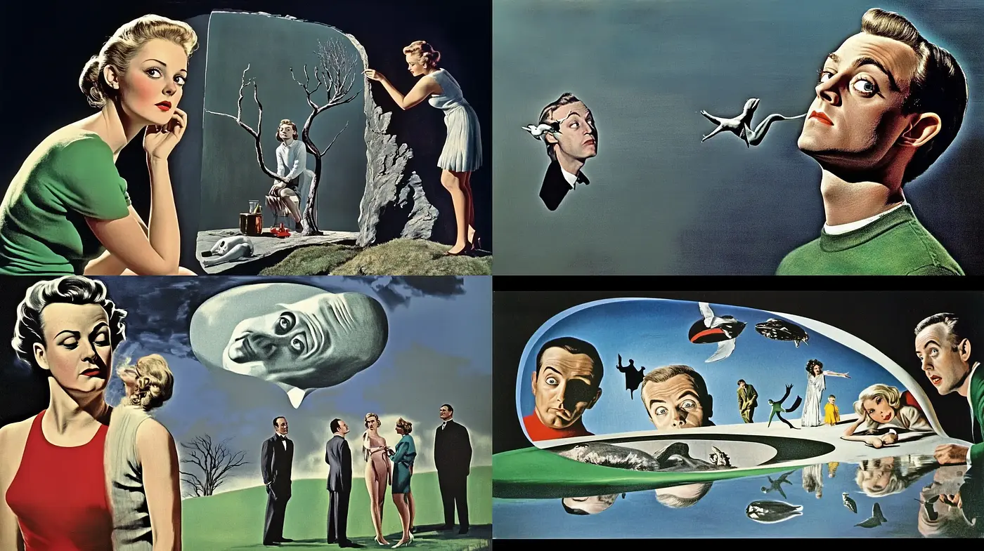 Surrealist Dreamscape Fusion with Retro Pop Undertones - Midjourney sref style