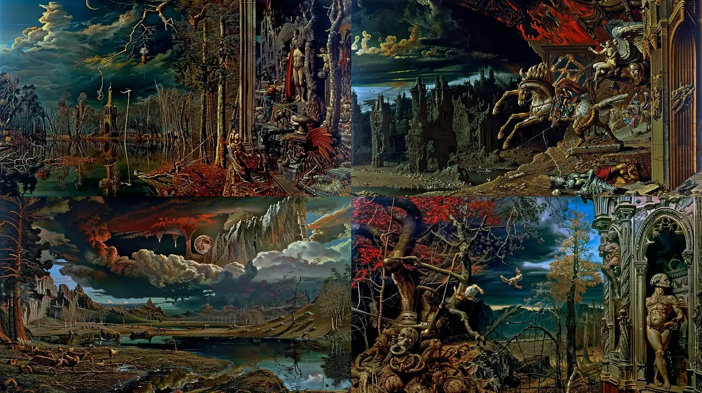 Surrealist Dreamscape Fusion with Dark Ambiance and Intricate Textures - Midjourney sref style