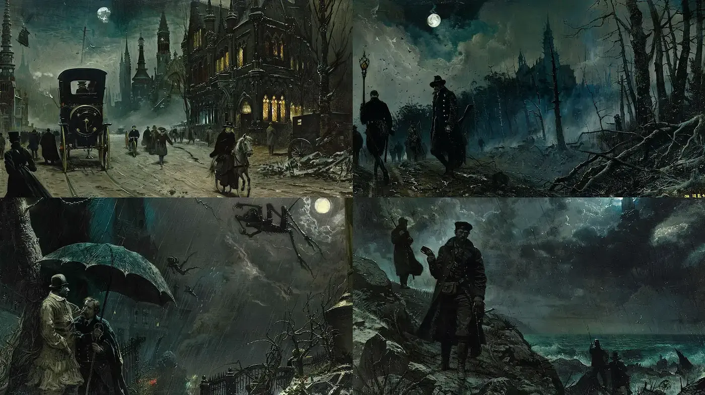 Dramatic atmospheric landscapes with a gothic touch featuring moody characters - Midjourney sref style