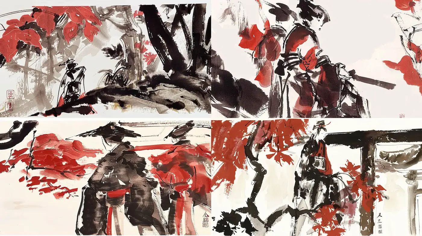 Expressive Ink Wash with a Harmonious Nature Theme - Midjourney sref style